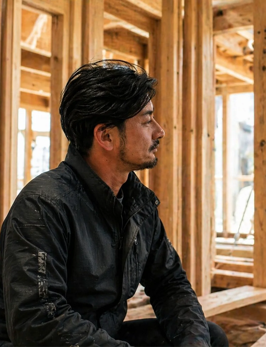 建築現場で木造の骨組みを見つめる代表